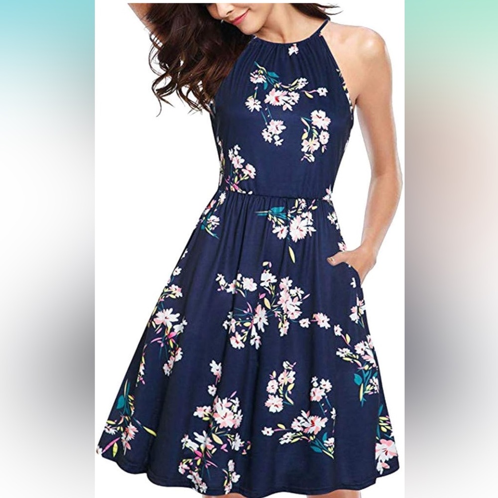 593 Blue Floral Halter Fit & Flare Mini Dress Medium Wedding Guest Sundress
